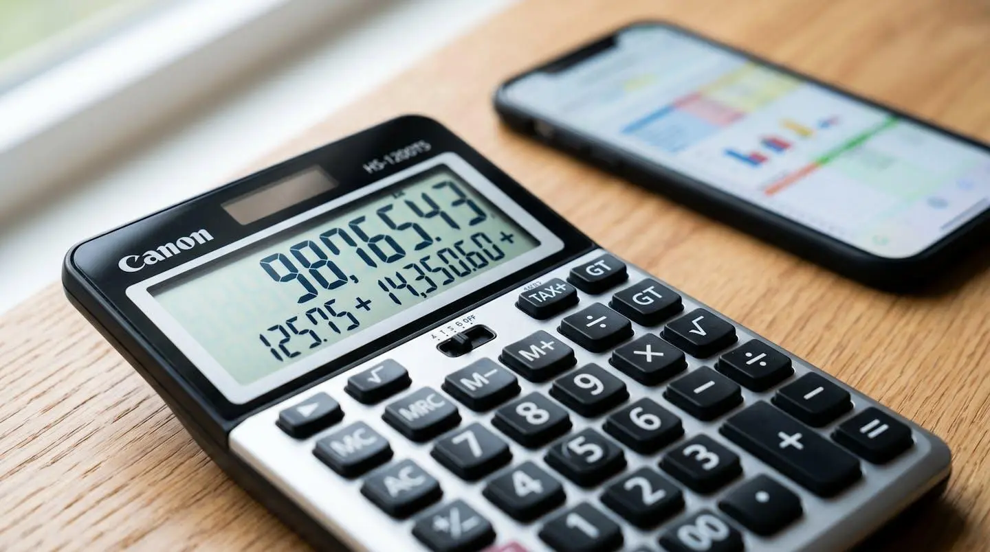 Gros plan extrême sur une calculatrice contemporaine affichant des chiffres financiers sur un bureau en bois clair, avec un smartphone flouté en arrière-plan montrant un tableur