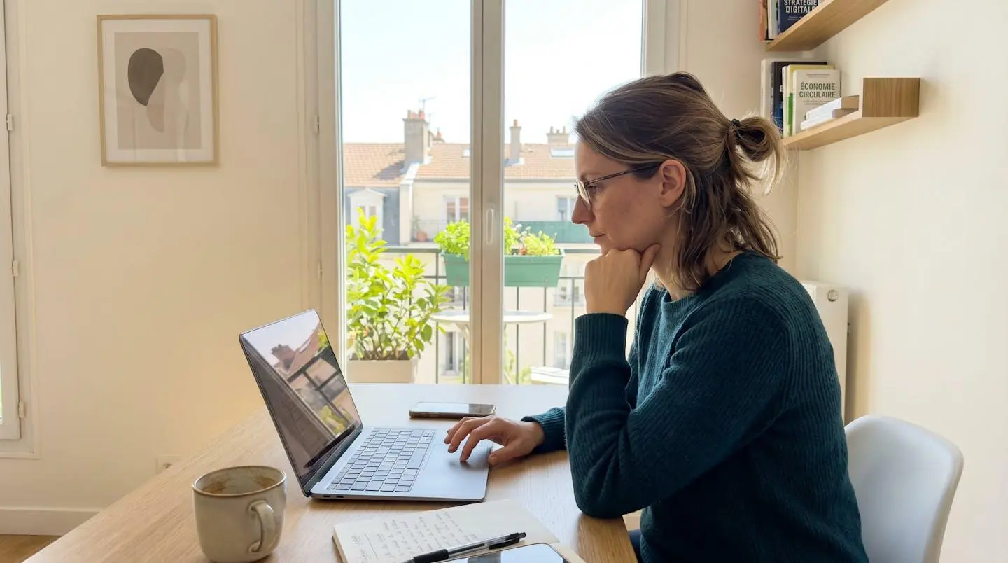 Vue de dos d'un consultant indépendant travaillant sur un ordinateur portable dans un bureau à domicile minimaliste et moderne, avec lumière naturelle venant d'une fenêtre