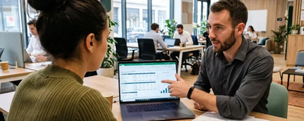 Deux professionnels en tenue décontractée moderne travaillent côte à côte dans un espace de coworking lumineux, l'un montrant des calculs financiers sur un écran d'ordinateur portable à l'autre