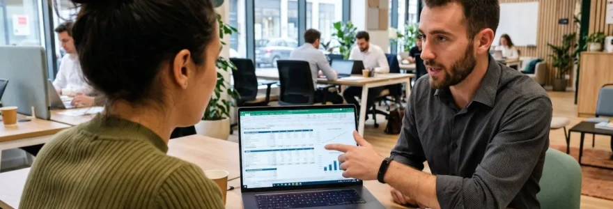 Deux professionnels en tenue décontractée moderne travaillent côte à côte dans un espace de coworking lumineux, l'un montrant des calculs financiers sur un écran d'ordinateur portable à l'autre