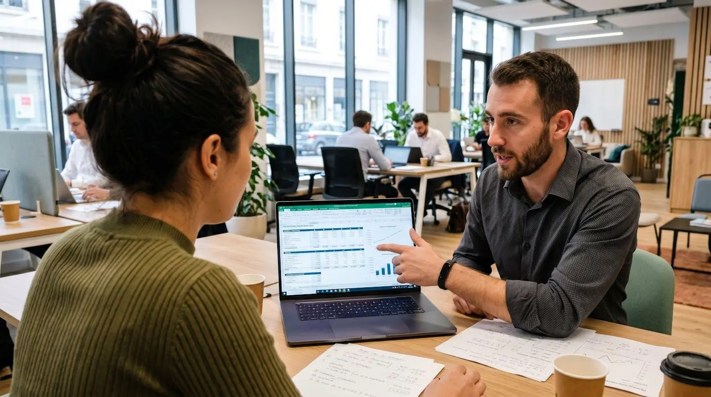 Deux professionnels en tenue décontractée moderne travaillent côte à côte dans un espace de coworking lumineux, l'un montrant des calculs financiers sur un écran d'ordinateur portable à l'autre
